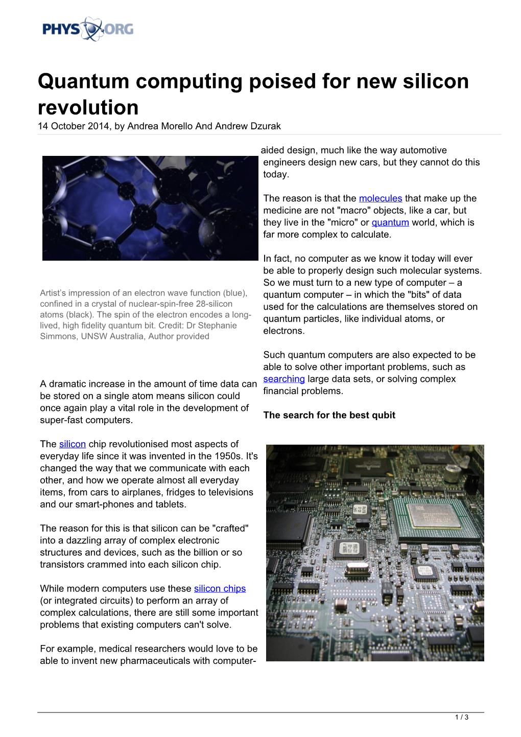 Quantum Computing Poised for New Silicon Revolution 14 October 2014, by Andrea Morello and Andrew Dzurak