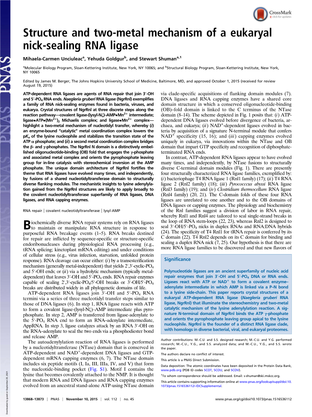 Structure and Two-Metal Mechanism of a Eukaryal Nick-Sealing RNA Ligase