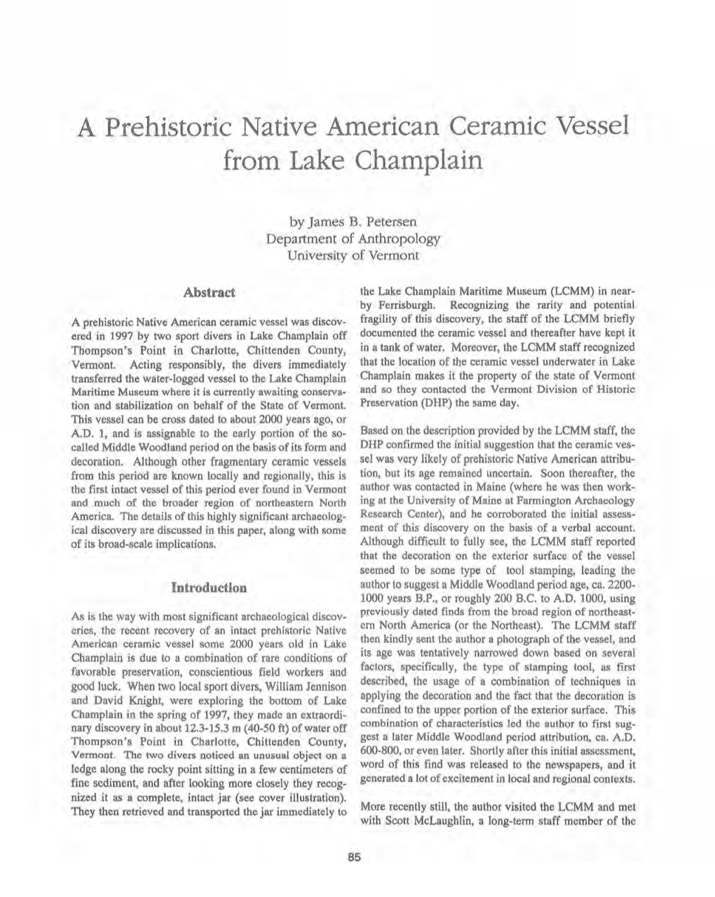 A Prehistoric Native American Ceramic Vessel from Lake Champlain