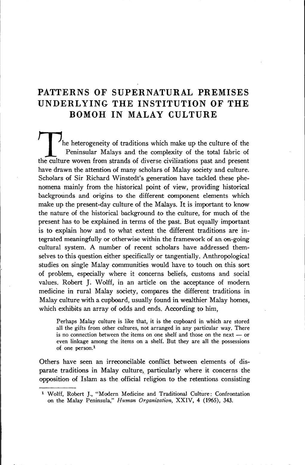 Patterns of Supernatural Premises Underlying the Institution of the Bomoh in Malay Culture