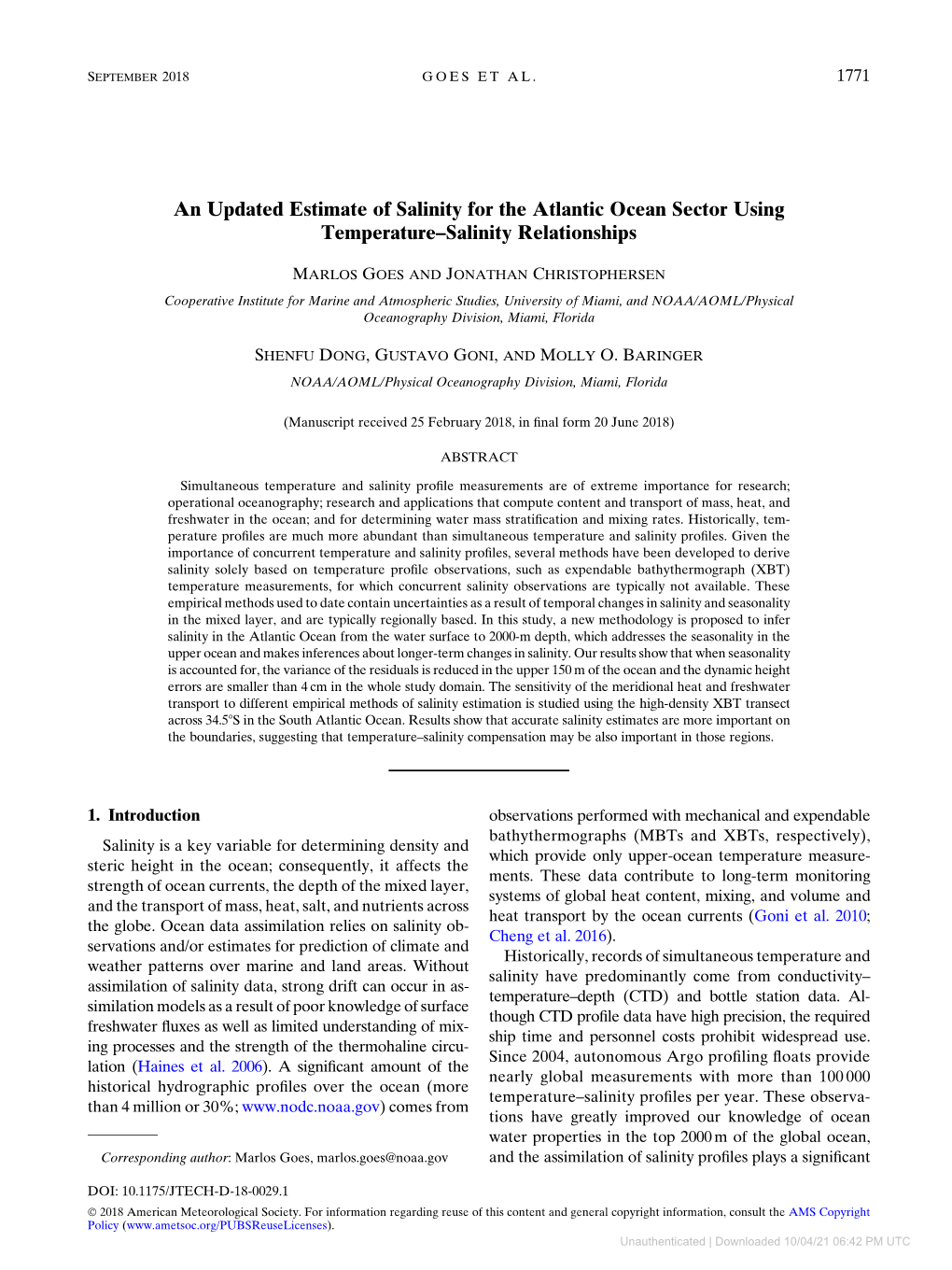 An Updated Estimate of Salinity for the Atlantic Ocean Sector Using Temperature–Salinity Relationships