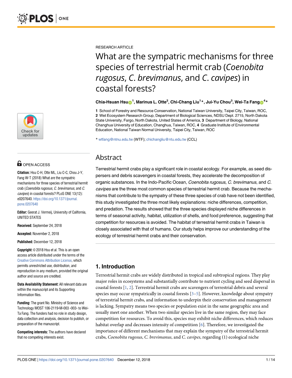 Coenobita Rugosus, C. Brevimanus, and C. Cavipes) in Coastal Forests?