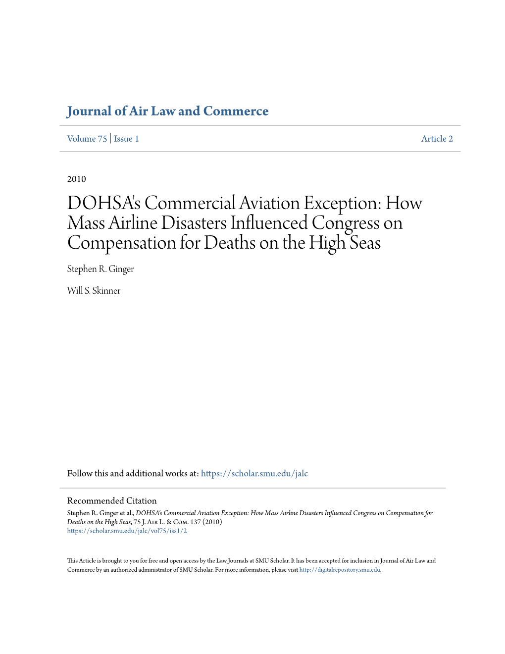DOHSA's Commercial Aviation Exception: How Mass Airline Disasters Influenced Congress on Compensation for Deaths on the High Seas Stephen R