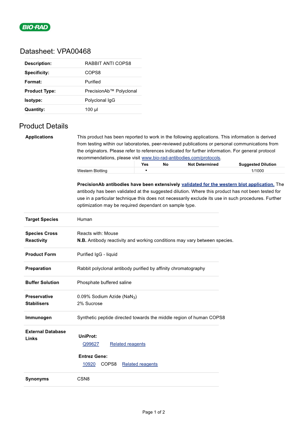 Datasheet: VPA00468 Product Details