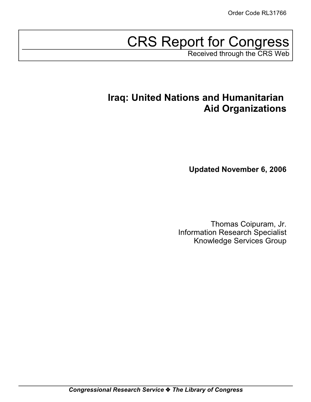 Iraq: United Nations and Humanitarian Aid Organizations