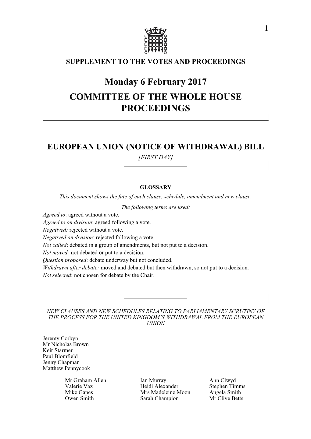 Monday 6 February 2017 COMMITTEE of the WHOLE HOUSE PROCEEDINGS