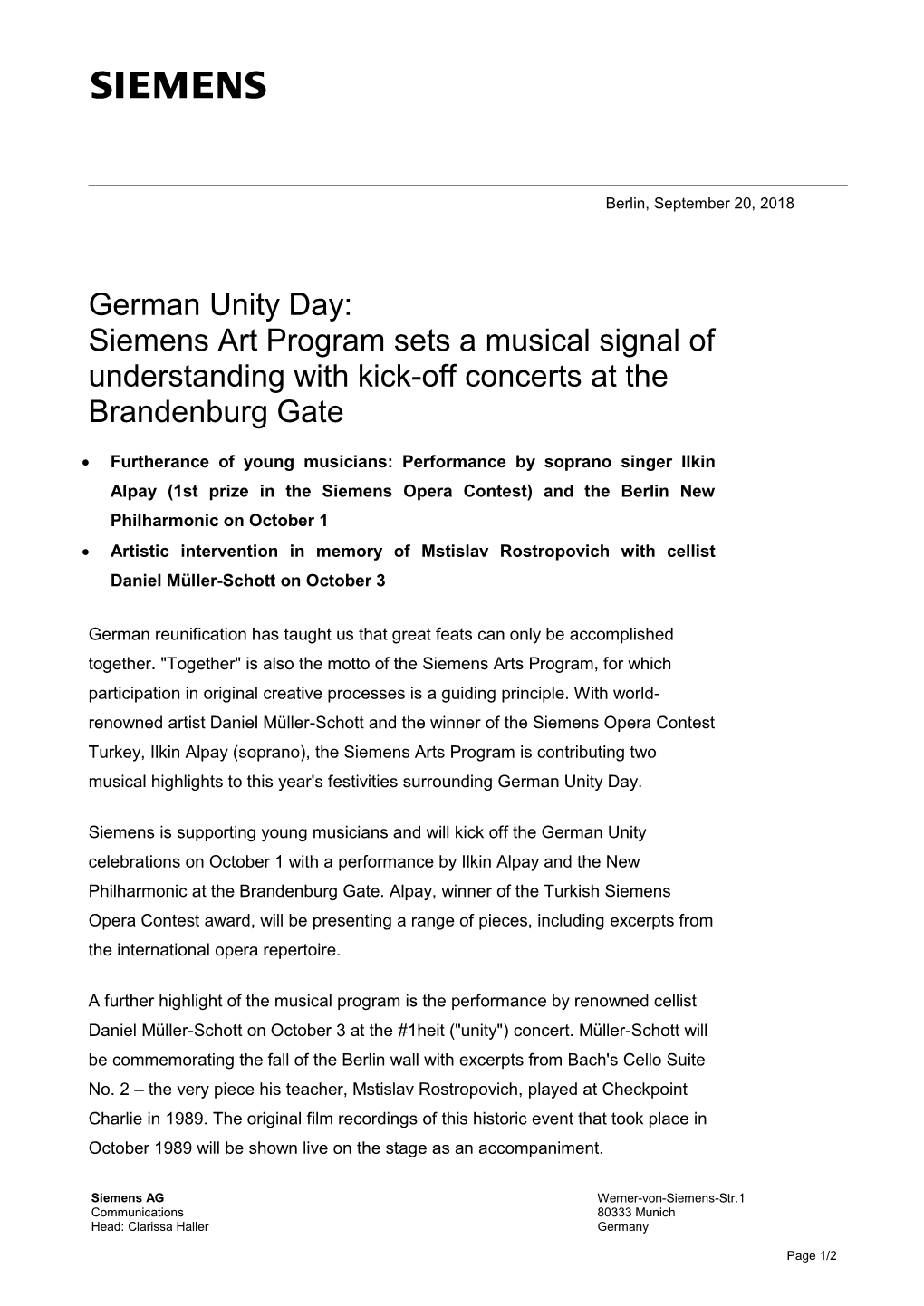 German Unity Day: Siemens Art Program Sets a Musical Signal of Understanding with Kick-Off Concerts at the Brandenburg Gate