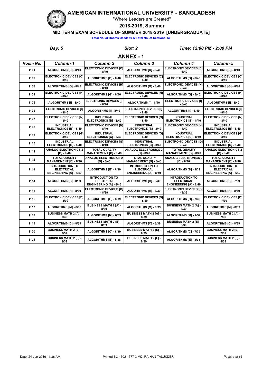 AMERICAN INTERNATIONAL UNIVERSITY - BANGLADESH "Where Leaders Are Created" 2018-2019, Summer MID TERM EXAM SCHEDULE of SUMMER 2018-2019 [UNDERGRADUATE] Total No