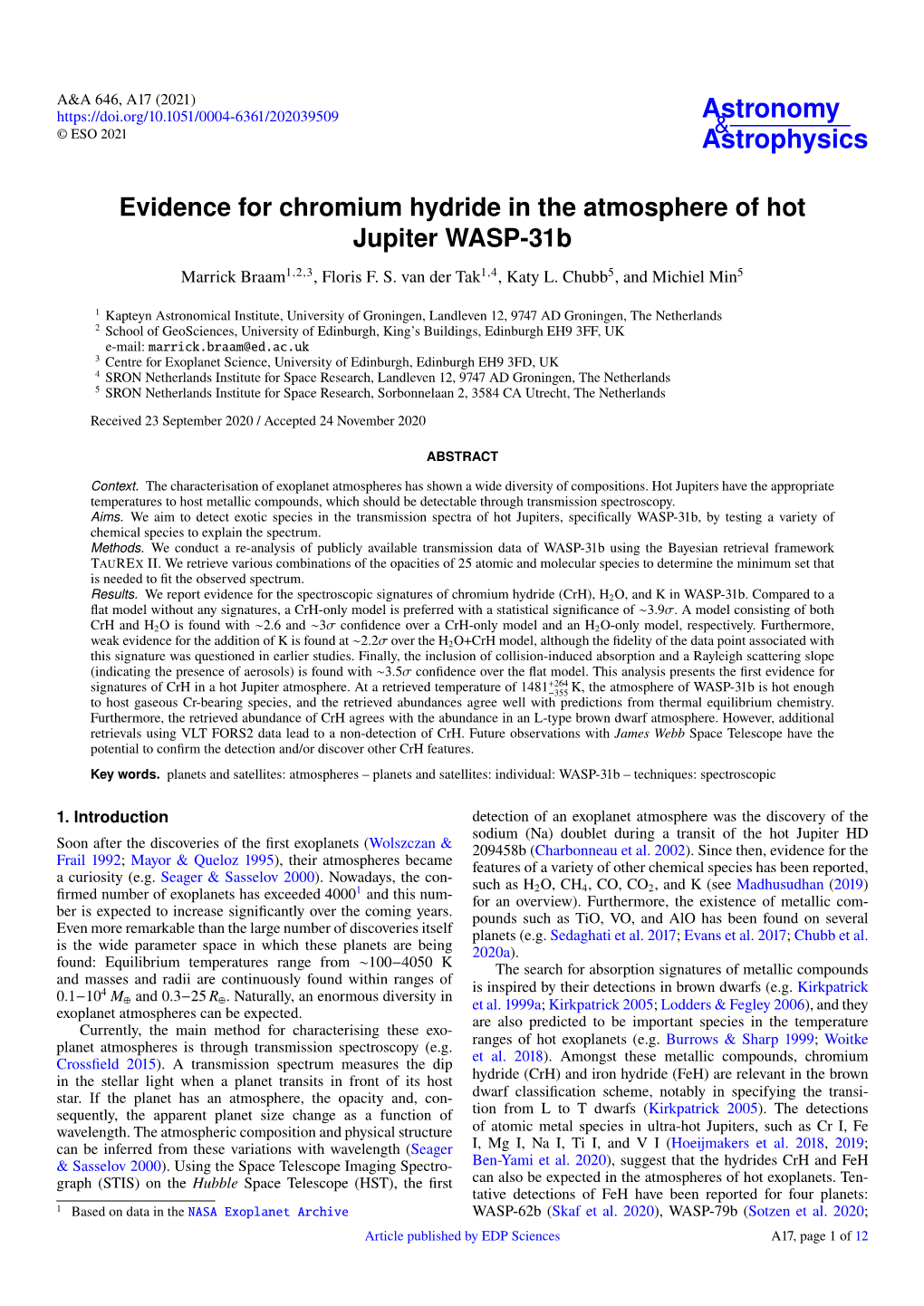 Evidence for Chromium Hydride in the Atmosphere of Hot Jupiter WASP-31B Marrick Braam1,2,3, Floris F