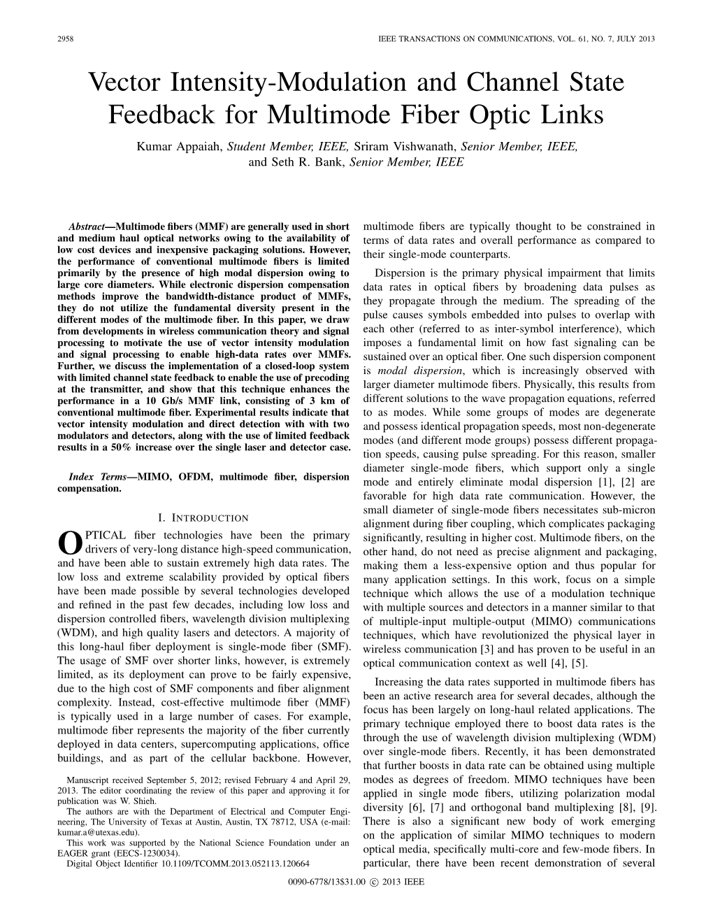 Vector Intensity-Modulation and Channel State Feedback For