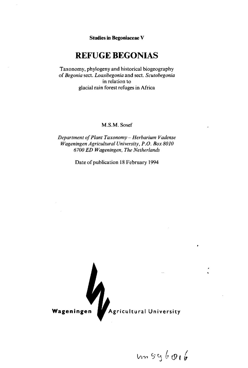 Refuge Begonias: Taxonomy, Phylogeny Andhistorica Lbiogeograph Y of Begonia Sect