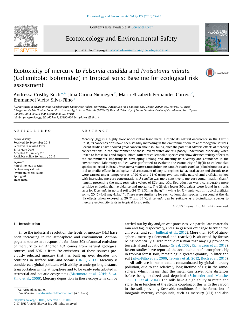 Ecotoxicity of Mercury to Folsomia Candida and Proisotoma Minuta (Collembola: Isotomidae) in Tropical Soils: Baseline for Ecological Risk Assessment