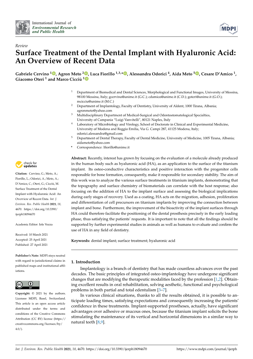 Surface Treatment of the Dental Implant with Hyaluronic Acid: an Overview of Recent Data