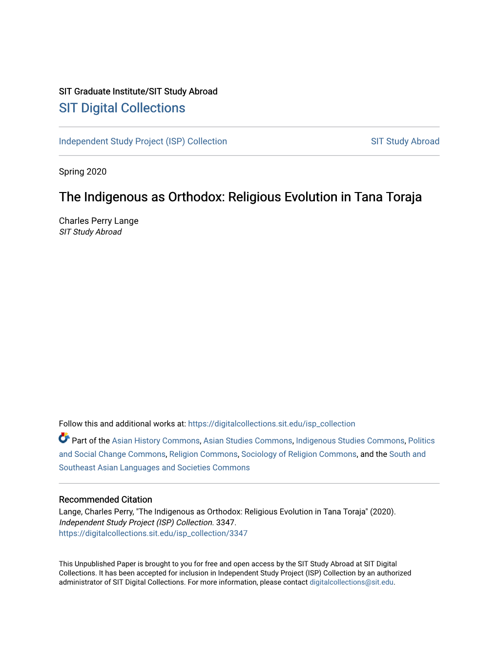 The Indigenous As Orthodox: Religious Evolution in Tana Toraja