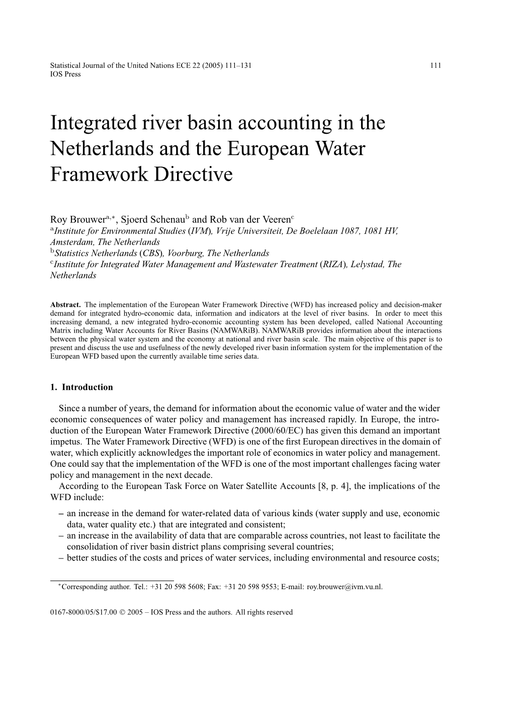 Integrated River Basin Accounting in the Netherlands and the European Water Framework Directive