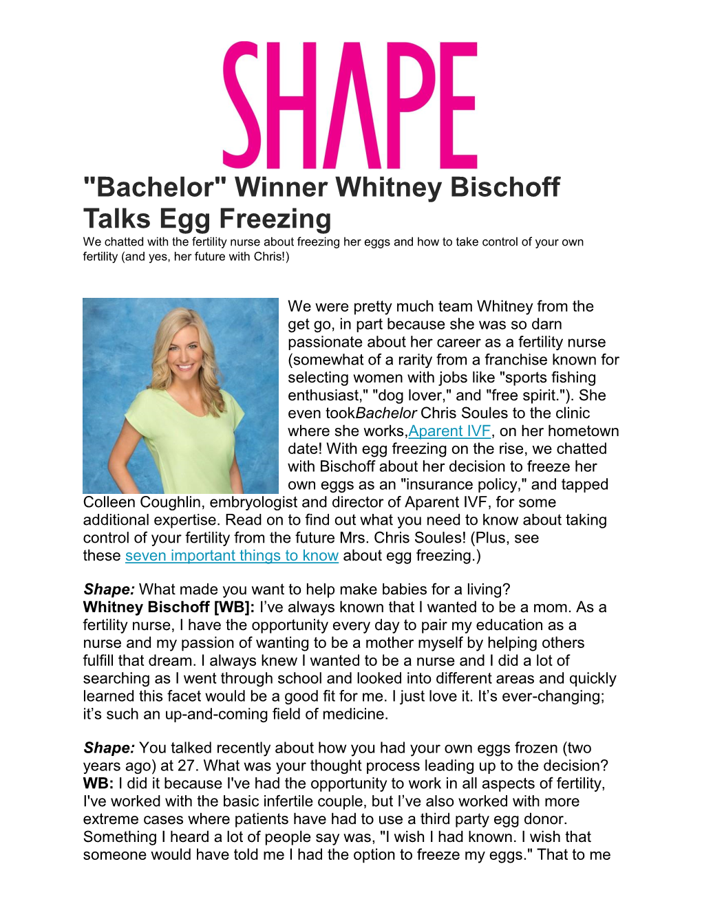 "Bachelor" Winner Whitney Bischoff Talks Egg Freezing