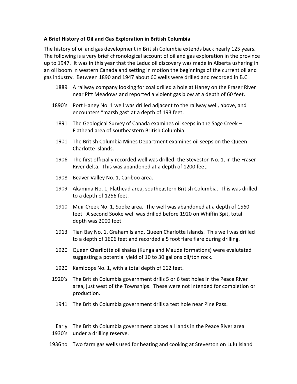 A Brief History of Oil and Gas Exploration in British Columbia the History of Oil and Gas Development in British Columbia Extends Back Nearly 125 Years