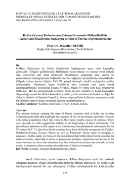 (Yunan) Kolonizasyon Dönemi Esnasında Hellen-Kolkhis (Gürcistan) İlişkilerinin Başlangıcı Ve Süreci Üzerine Değerlendirmeler