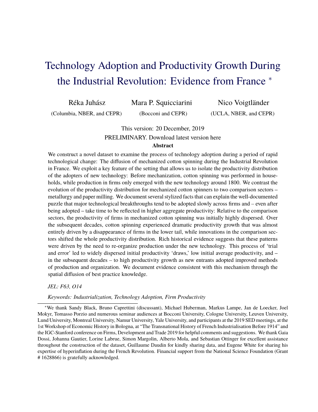 Technology Adoption and Productivity Growth During the Industrial Revolution: Evidence from France ∗