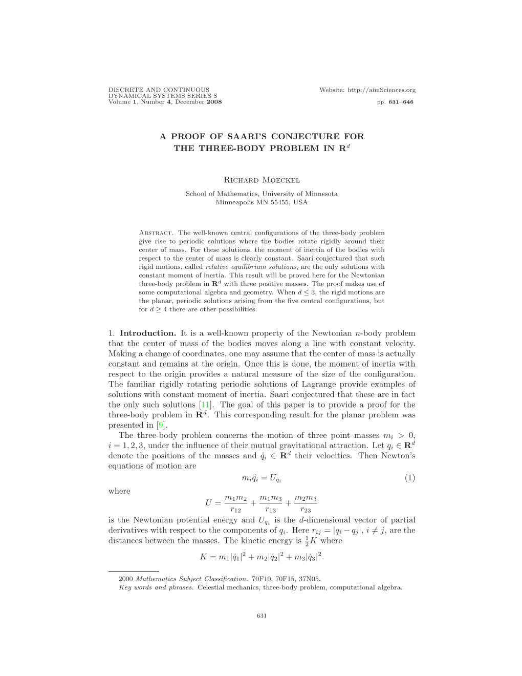 A Proof of Saari's Conjecture for the Three-Body