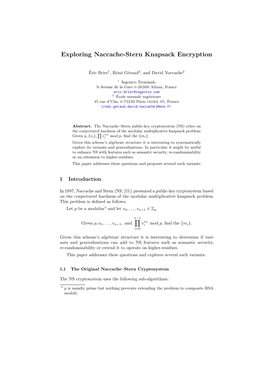 Exploring Naccache-Stern Knapsack Encryption