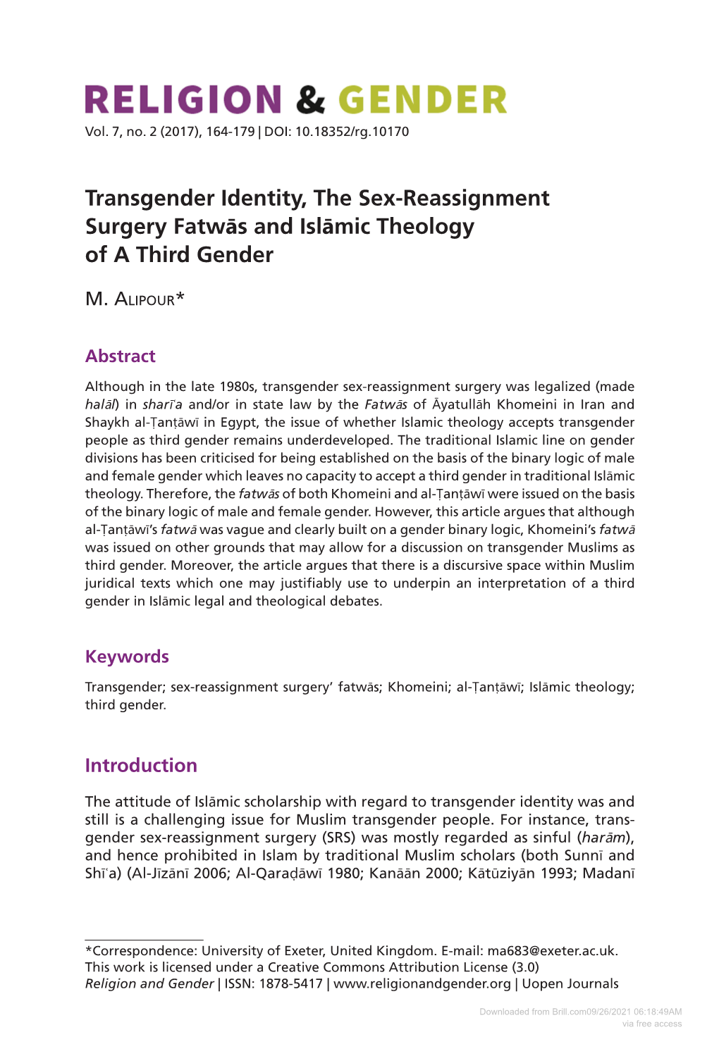Transgender Identity, the Sex-Reassignment Surgery Fatwās and Islāmic Theology of a Third Gender