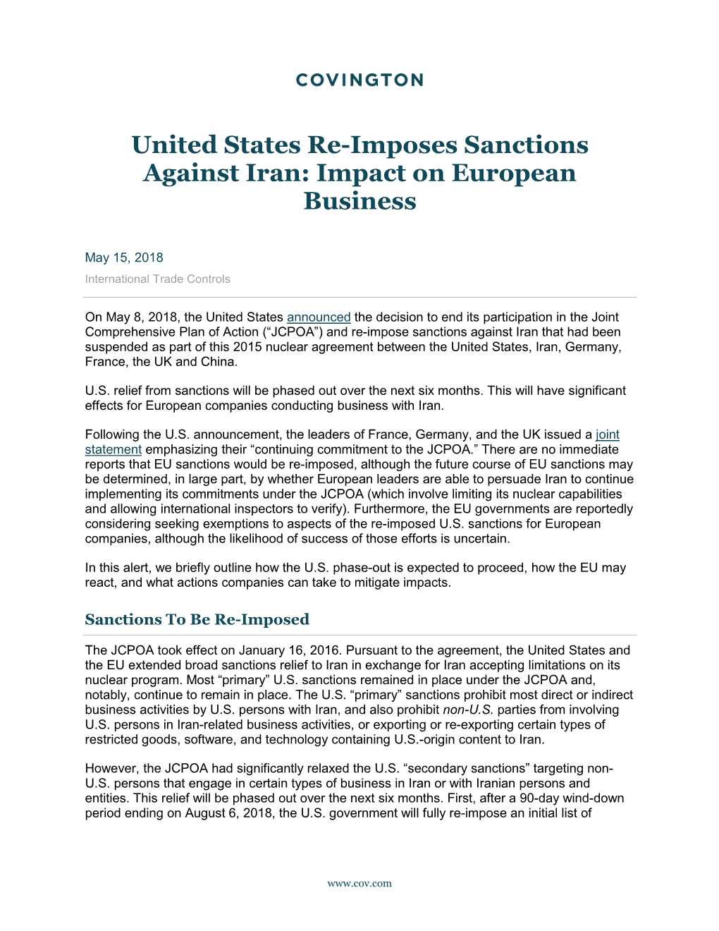 United States Re-Imposes Sanctions Against Iran: Impact on European Business