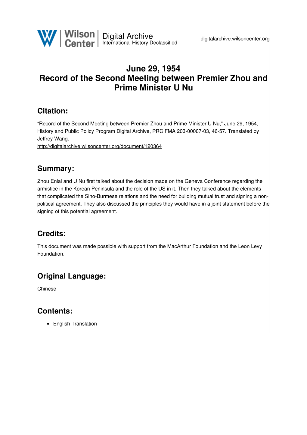 June 29, 1954 Record of the Second Meeting Between Premier Zhou and Prime Minister U Nu