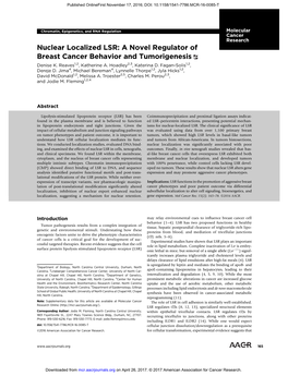 Nuclear Localized LSR: a Novel Regulator of Breast Cancer Behavior and Tumorigenesis Denise K