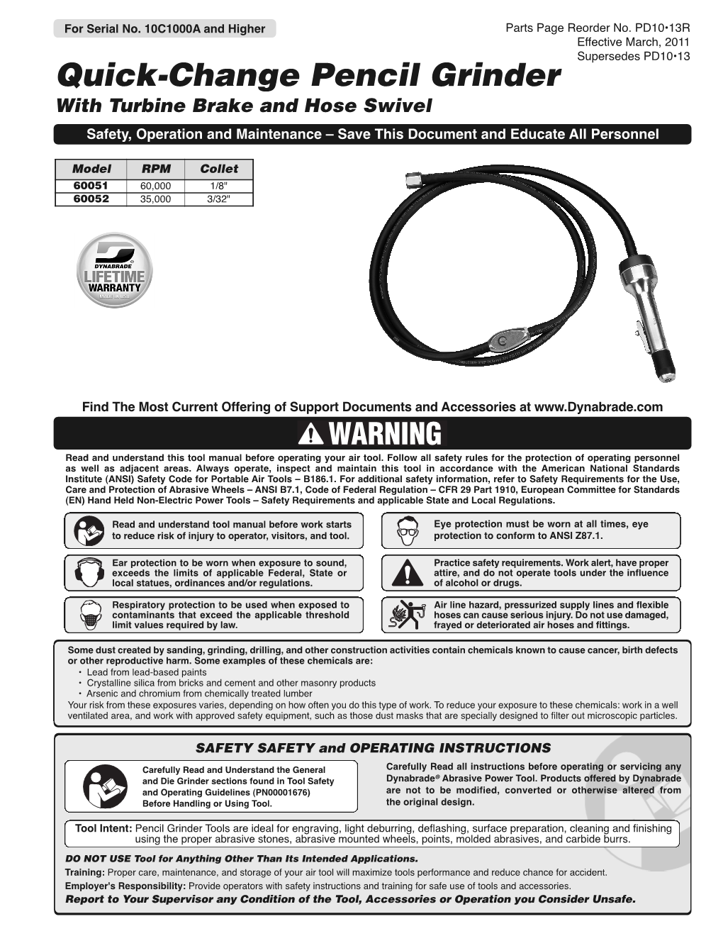 Quick-Change Pencil Grinder with Turbine Brake and Hose Swivel Safety, Operation and Maintenance – Save This Document and Educate All Personnel