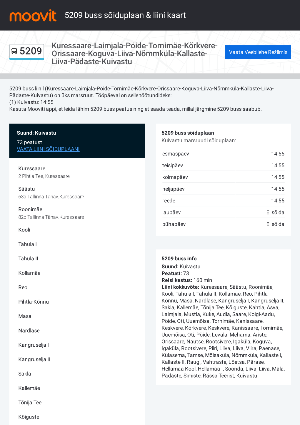 5209 Buss Sõiduplaan & Liini Marsruudi Kaart