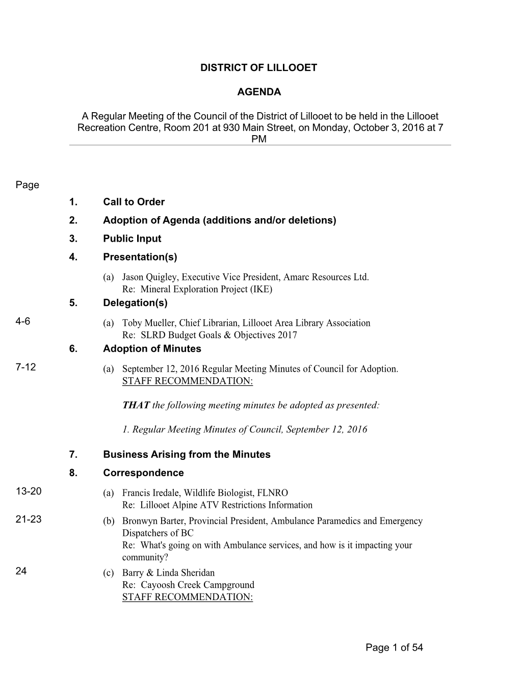 DISTRICT of LILLOOET AGENDA a Regular Meeting of the Council Of