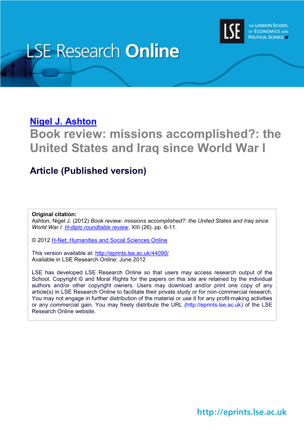 Missions Accomplished?: the United States and Iraq Since World War I