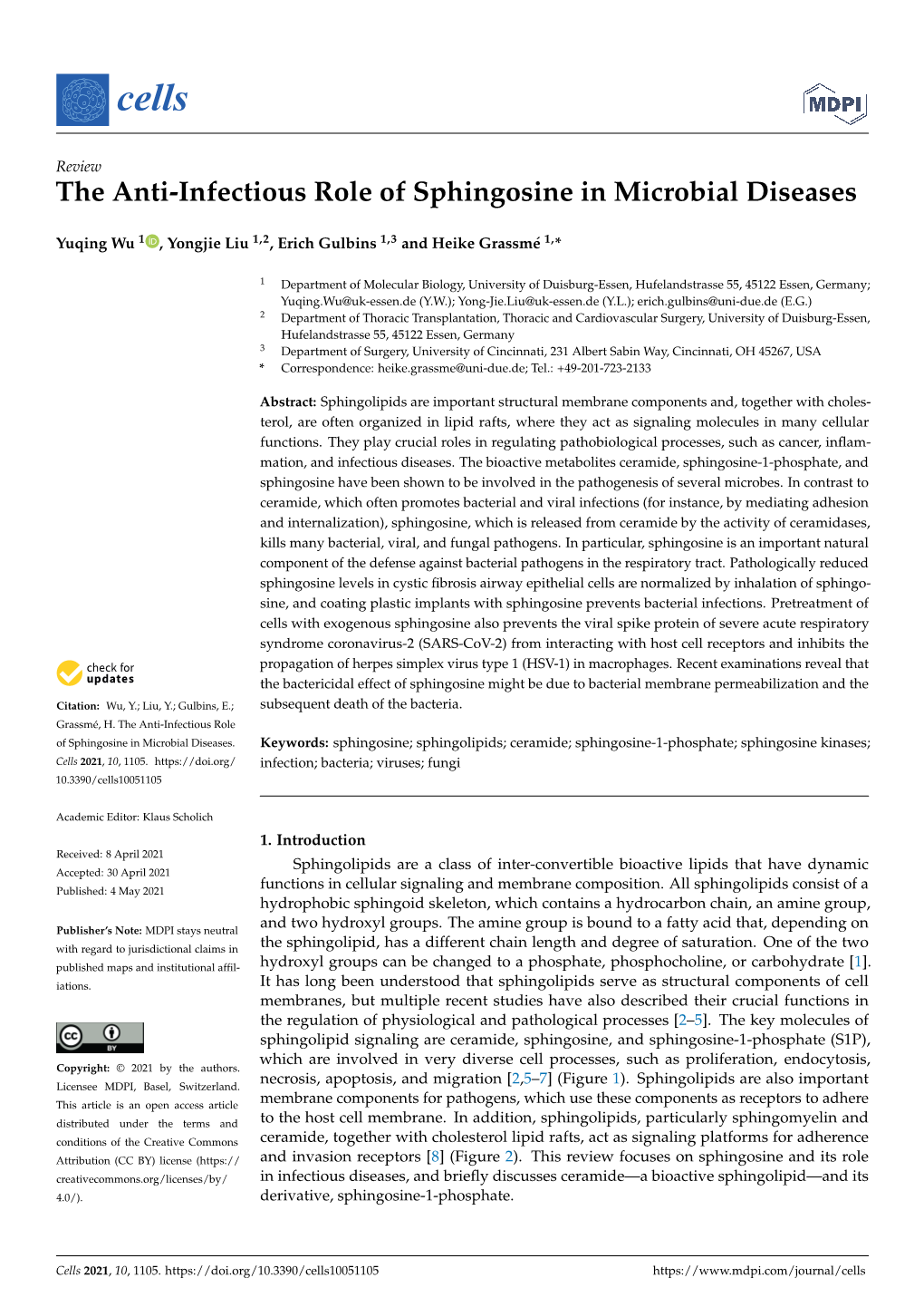 The Anti-Infectious Role of Sphingosine in Microbial Diseases