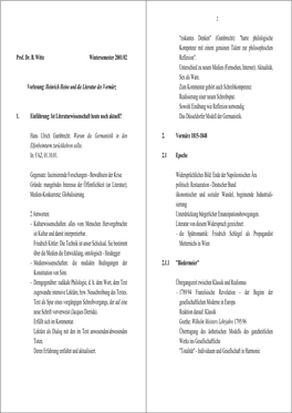 Prof. Dr. B. Witte Wintersemester 2001/02 Vorlesung: Heinrich Heine Und Die Literatur Des Vormärz 1. Einführung: Ist Liter
