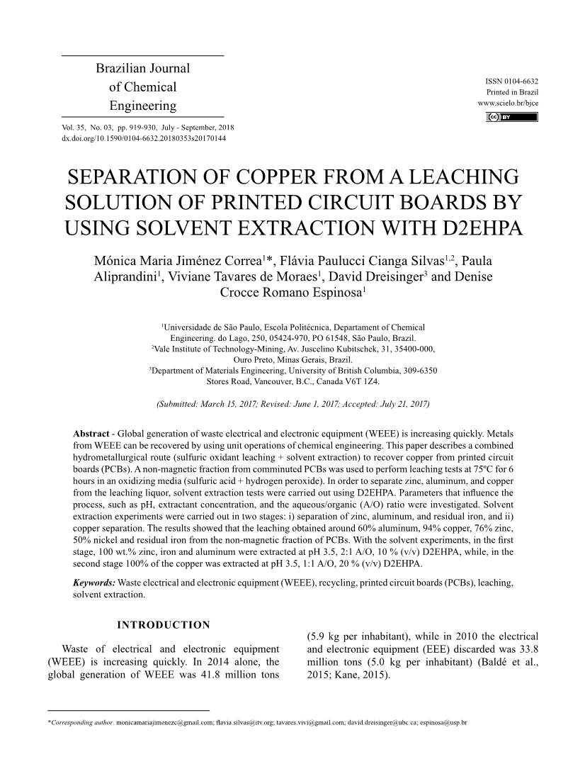 Separation of Copper from a Leaching Solution of Printed Circuit Boards by Using Solvent Extraction with D2ehpa