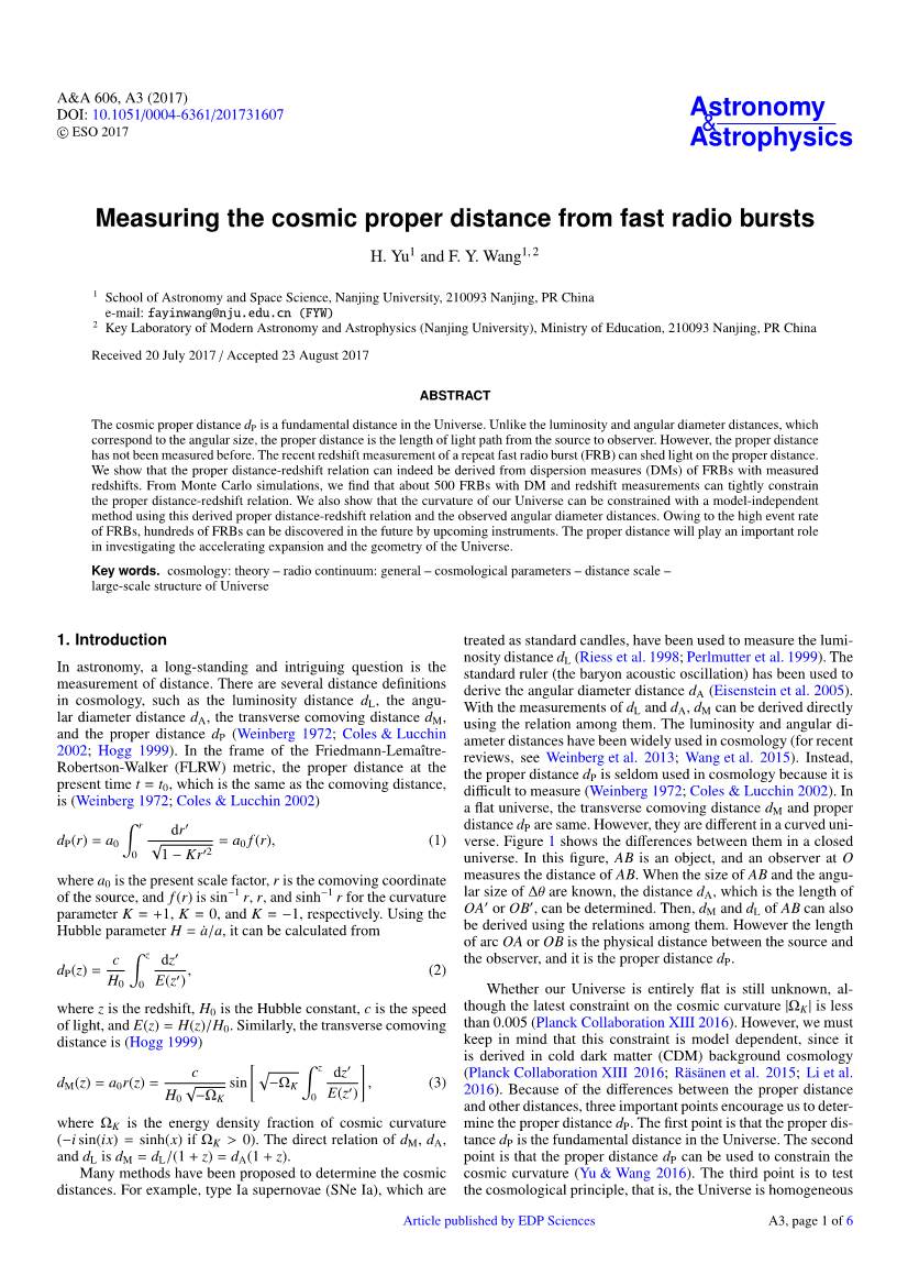 Measuring the Cosmic Proper Distance from Fast Radio Bursts H