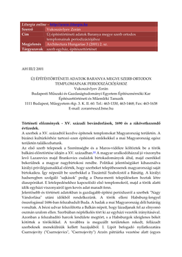 Új Építéstörténeti Adatok Baranya Megye Szerb Ortodox Templomainak Periodizációjához Megjelenés Architectura Hungariae 3 (2001) 2