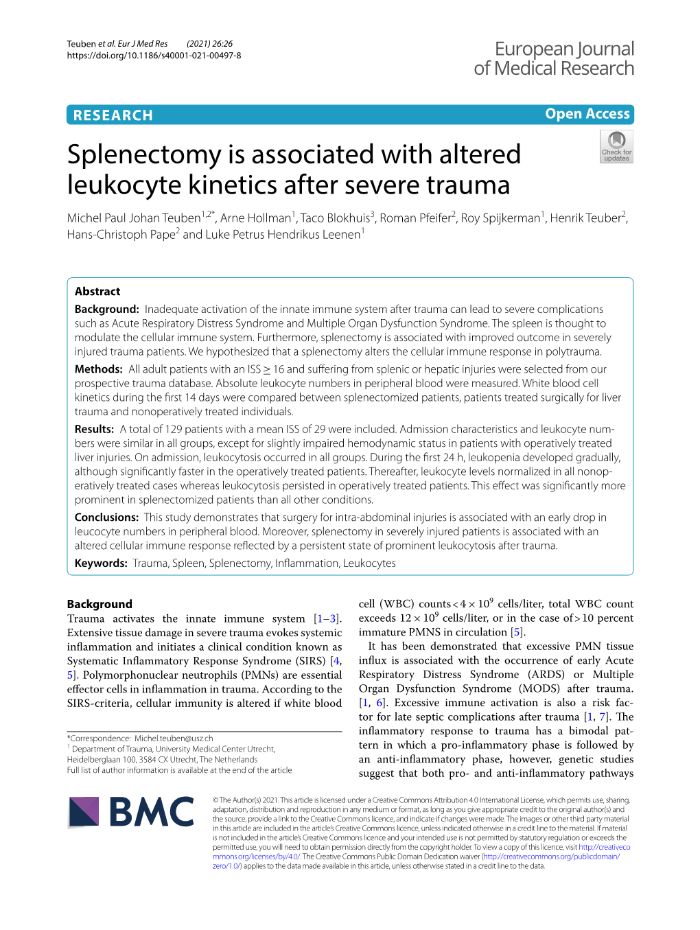 Splenectomy Is Associated with Altered Leukocyte Kinetics After