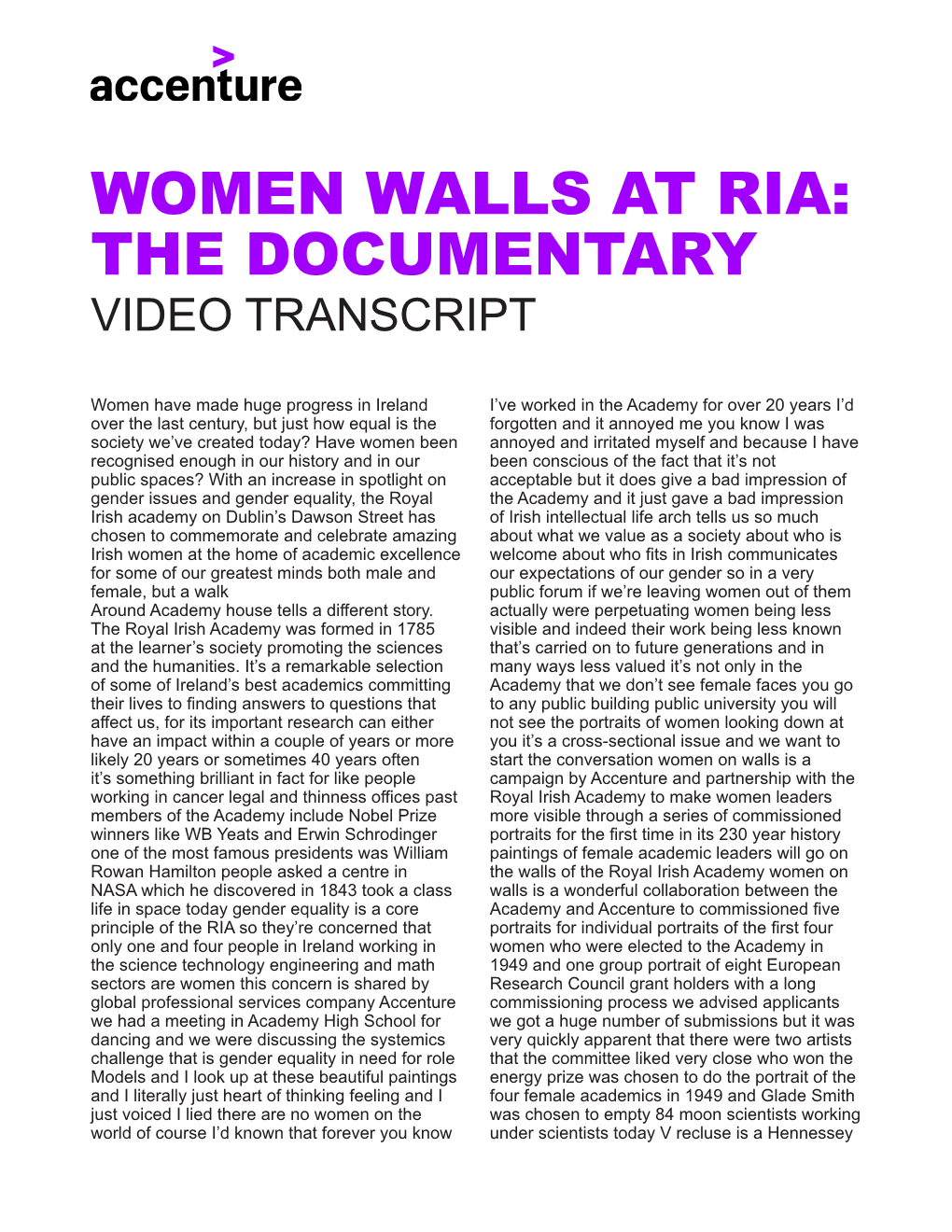 Video Transcript: Women Walls at RIA | Accenture