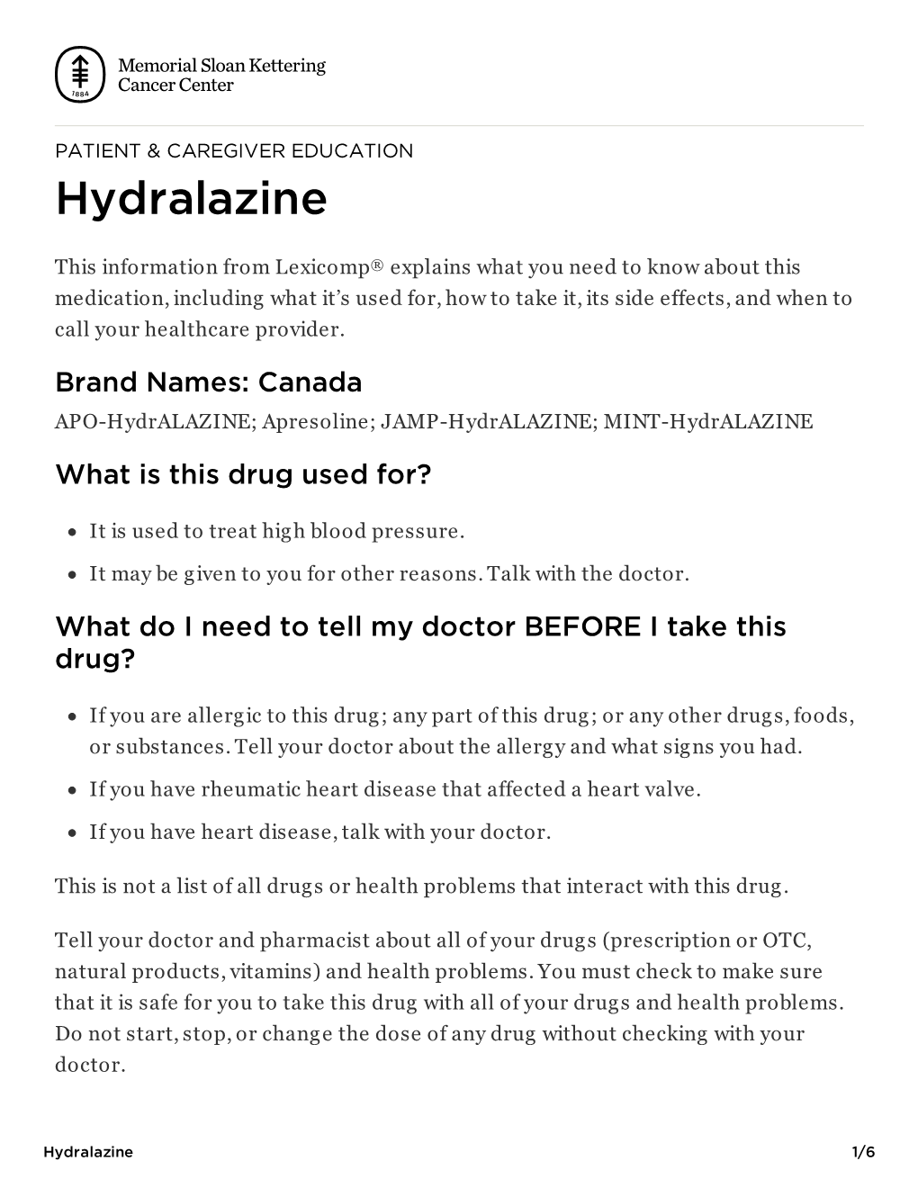 PATIENT & CAREGIVER EDUCATION Hydralazine