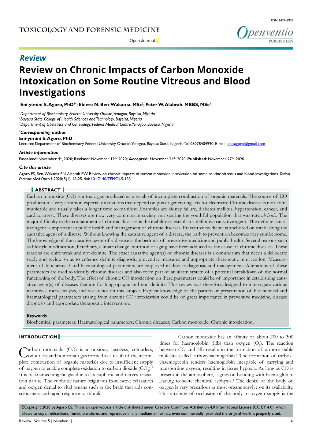 Review on Chronic Impacts of Carbon Monoxide Intoxication on Some Routine Vitreous and Blood Investigations Eni-Yimini S