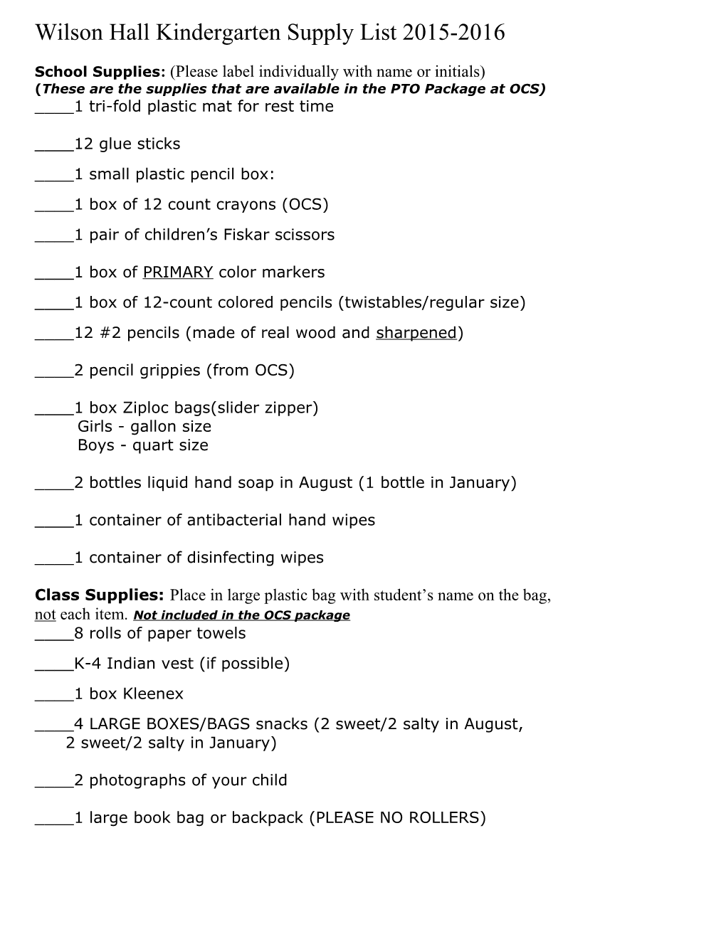 Wilson Hall Kindergarten Supply List 2015-2016