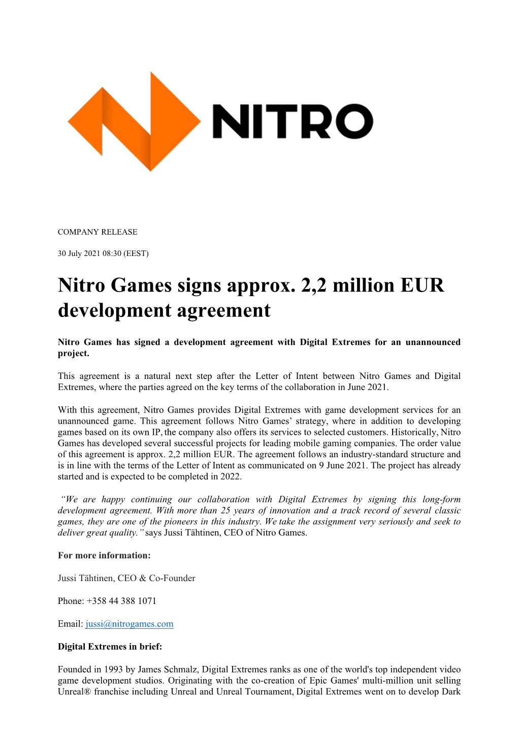 Nitro Games Signs Approx. 2,2 Million EUR Development Agreement