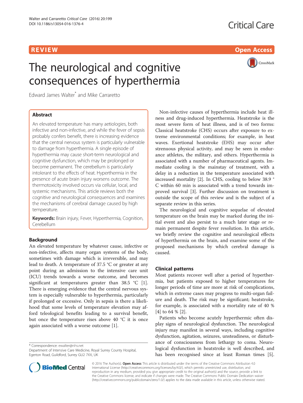 The Neurological and Cognitive Consequences of Hyperthermia Edward James Walter* and Mike Carraretto