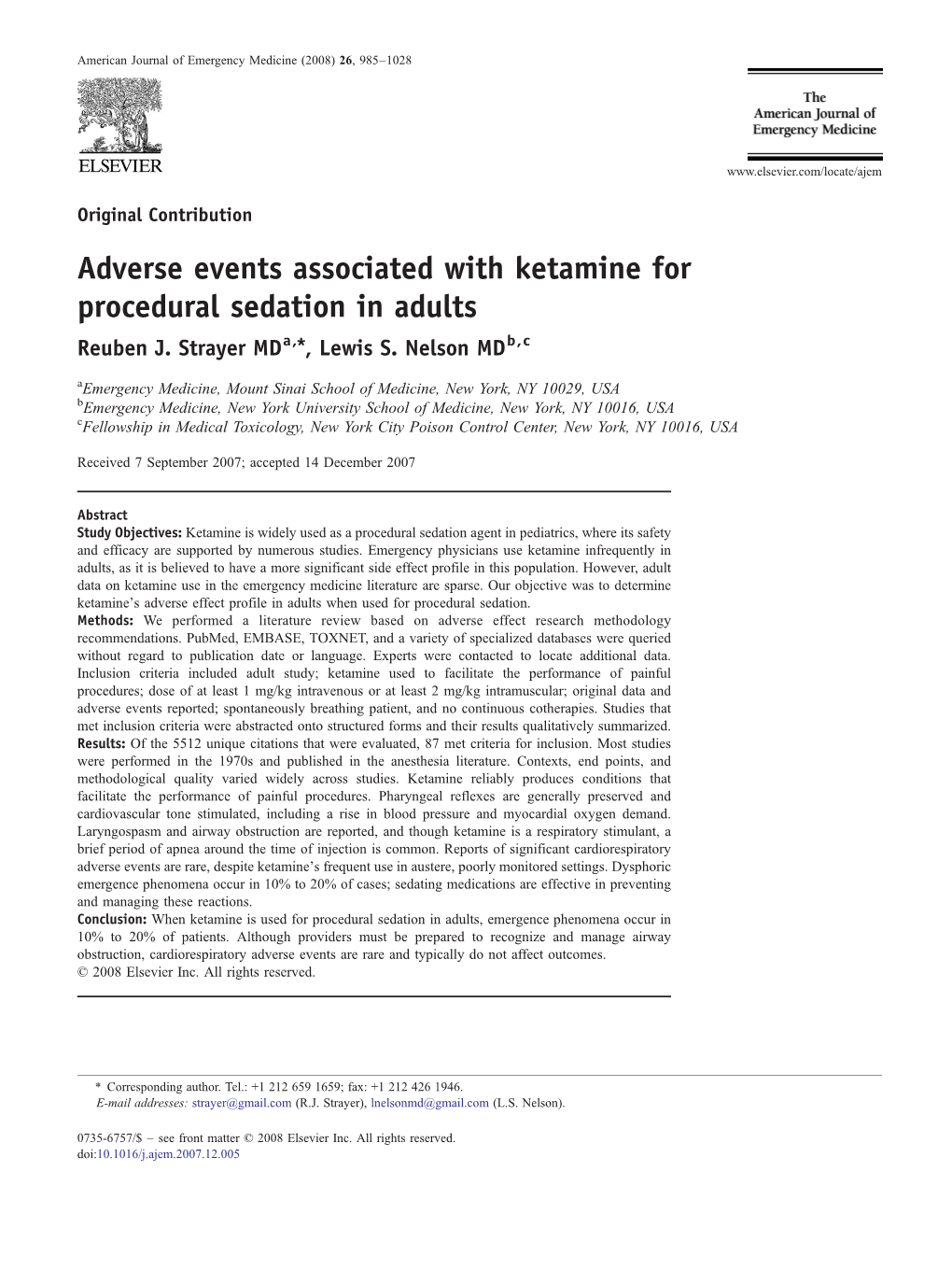 Adverse Events Associated with Ketamine for Procedural Sedation in Adults Reuben J
