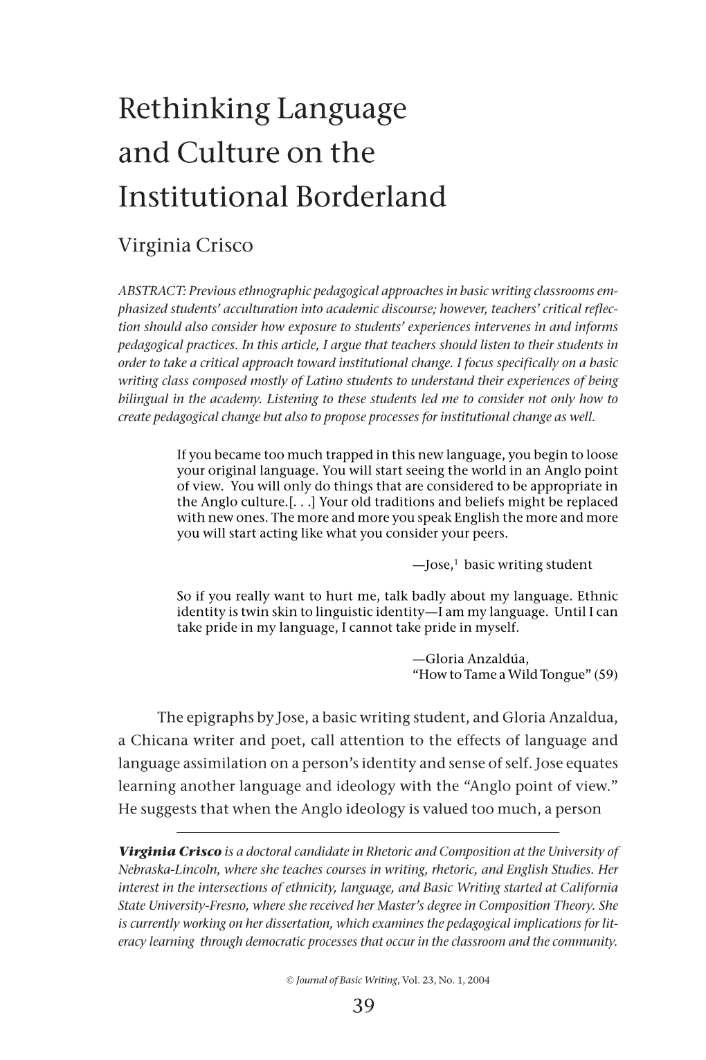 Rethinking Language and Culture on the Institutional Borderland