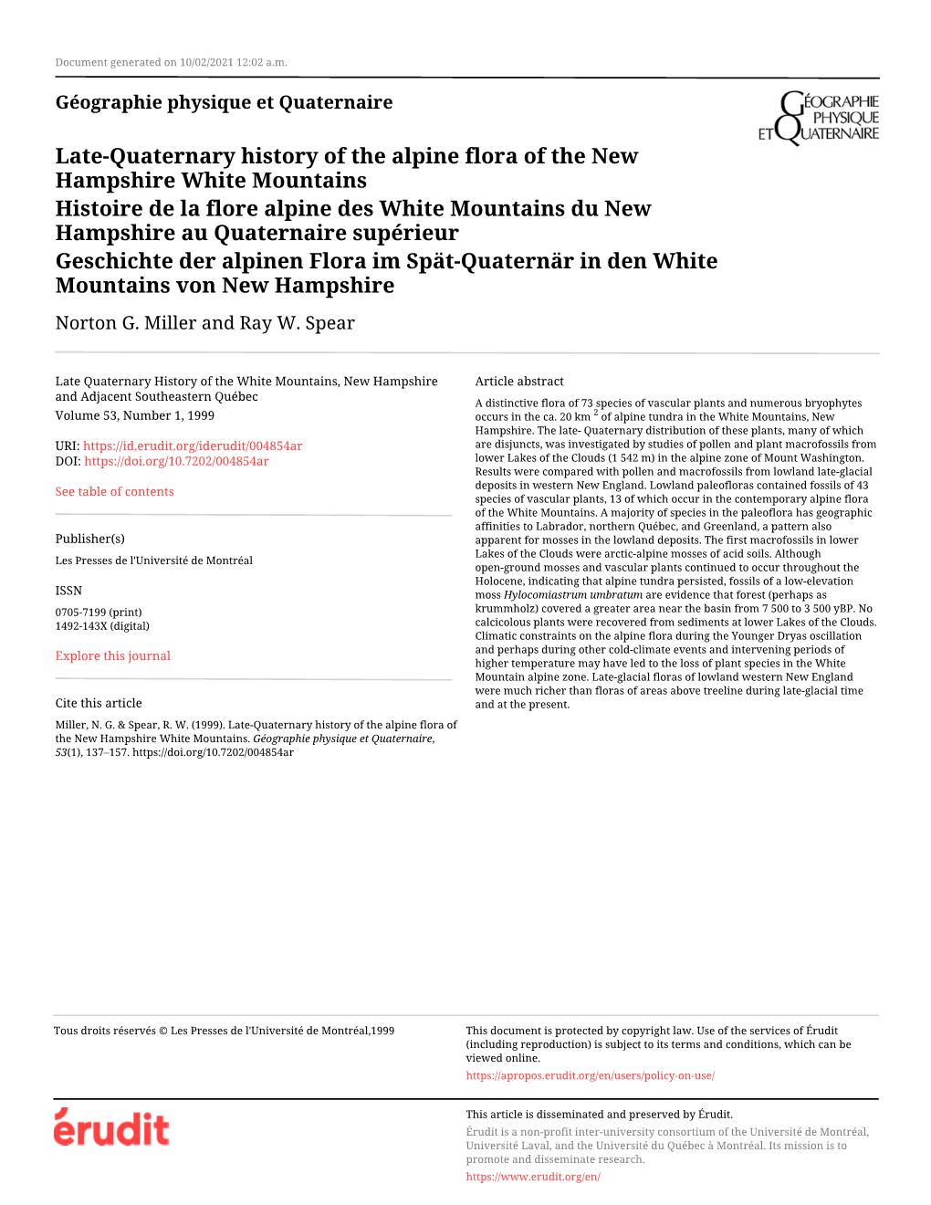 Late-Quaternary History of the Alpine Flora of the New Hampshire White