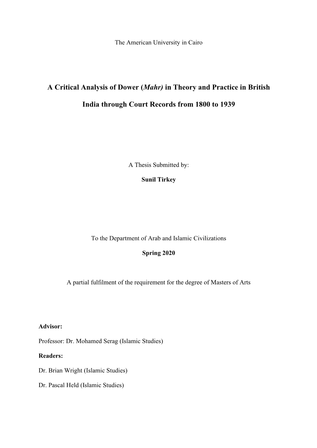 A Critical Analysis of Dower (Mahr) in Theory and Practice in British India Through Court Records from 1800 to 1939