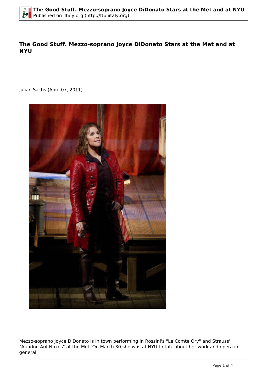 The Good Stuff. Mezzo-Soprano Joyce Didonato Stars at the Met and at NYU Published on Iitaly.Org (